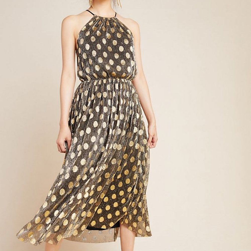 Anthropologie Black Dress with Gold Polka Dots Midi